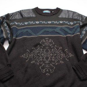 Vintage M.E. Sport Imprints Leather Detail Grandpa Sweater Size XL Acrylic Wool